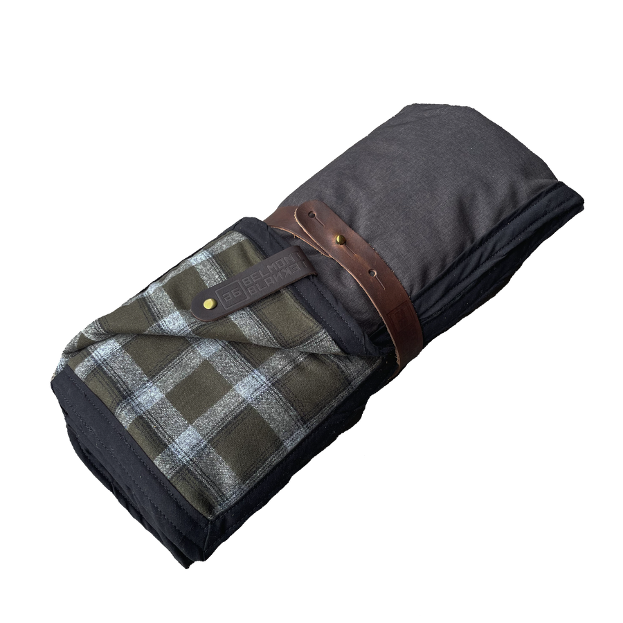 The Legacy Blanket Deep Charcoal Grey with Black Trim and Green Tartan Pendleton Wool
