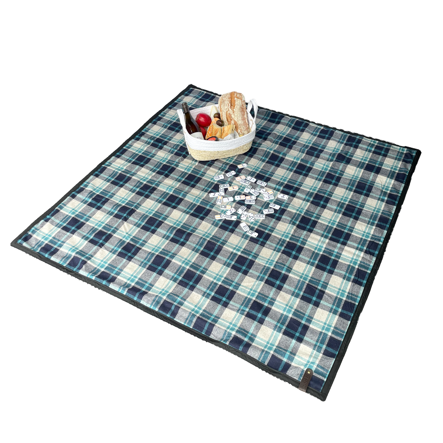 The Legacy Blanket Deep Charcoal Grey with Black Trim and Blue Tartan Pendleton Wool