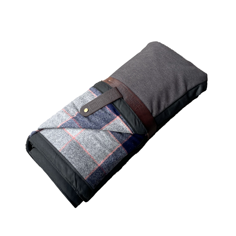 The Legacy Blanket Deep Charcoal Grey with Black Trim and Blue, Grey, and Orange Tartan Pendleton Wool