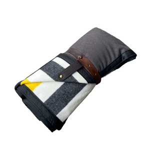 The Legacy Blanket Deep Charcoal Grey with Black Trim White with Colorful Stripes Pendleton Wool