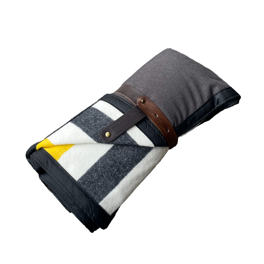 The Legacy Blanket Deep Charcoal Grey with Black Trim White with Colorful Stripes Pendleton Wool