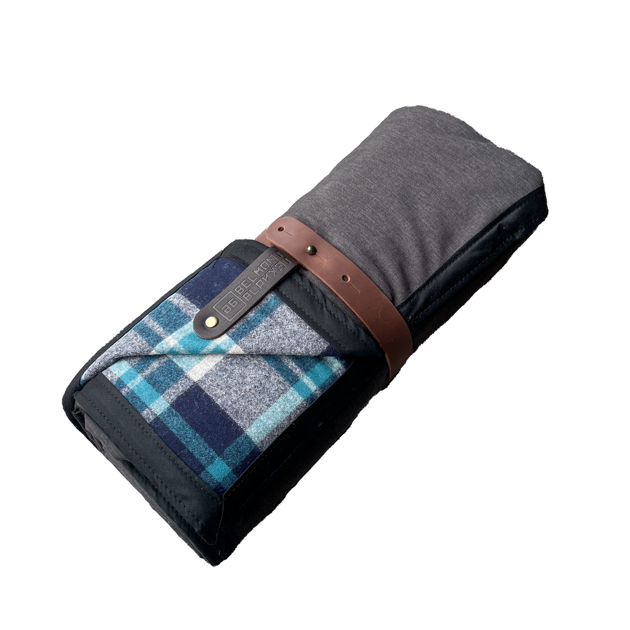 The Legacy Blanket Deep Charcoal Grey with Black Trim and Blue Tartan Pendleton Wool