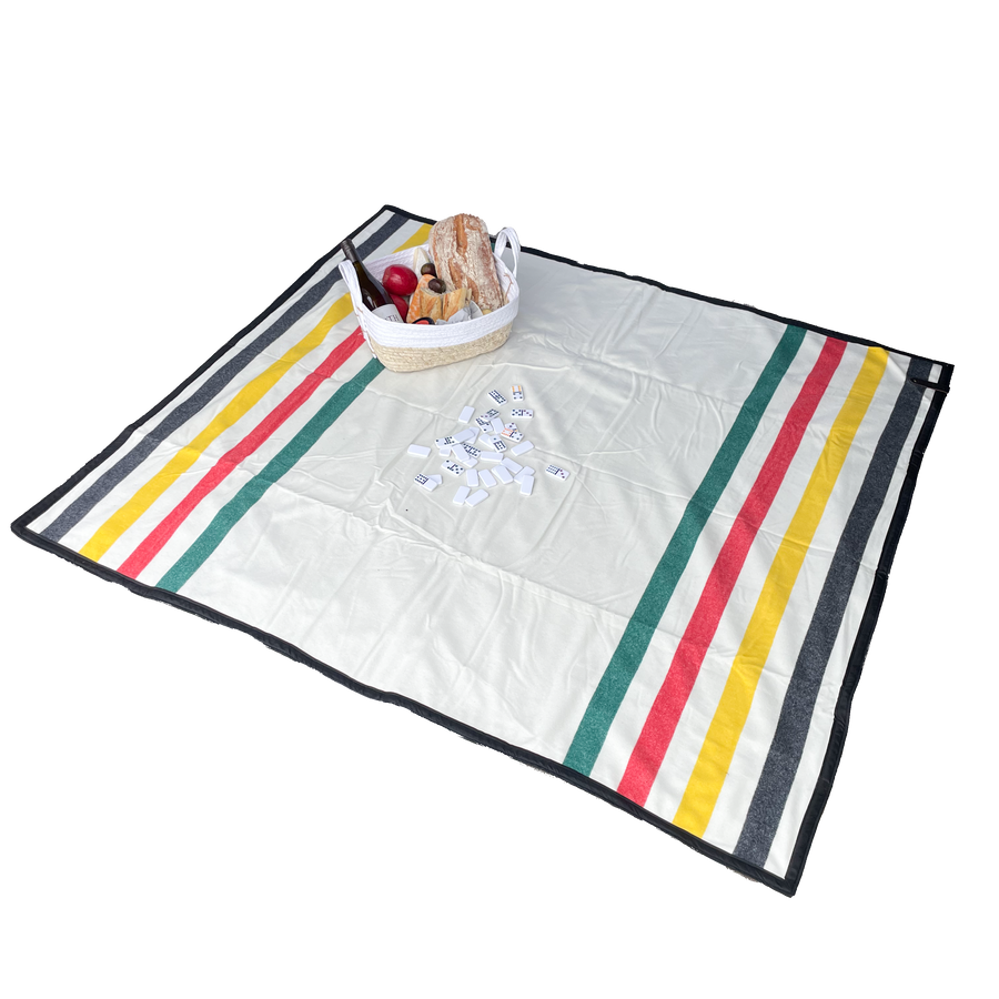 The Legacy Blanket Deep Charcoal Grey with Black Trim White with Colorful Stripes Pendleton Wool