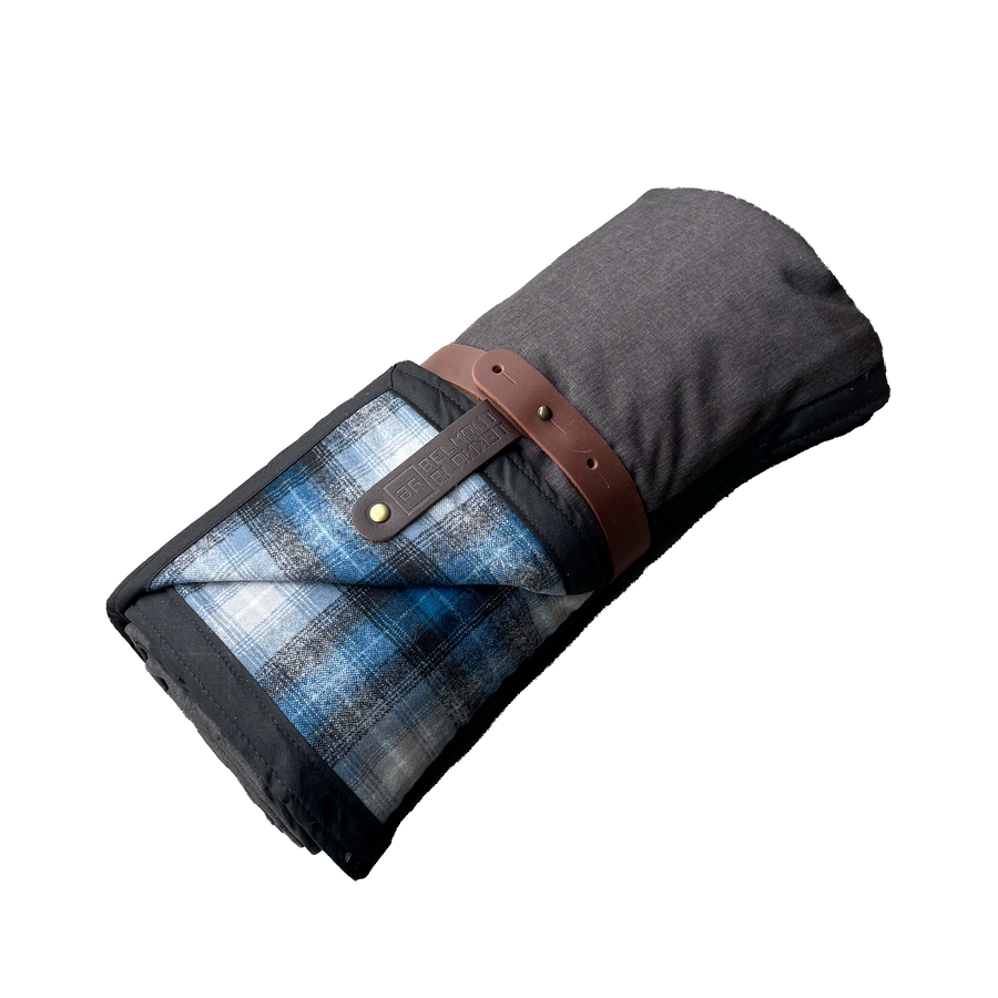 The Legacy Blanket Deep Charcoal Grey with Black Trim and Blue and Grey Tartan Pendleton Wool