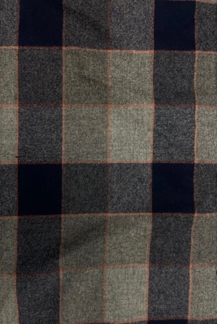 The Legacy Blanket Deep Charcoal Grey with Black Trim and Blue, Grey, and Orange Tartan Pendleton Wool - Belmont Blanket