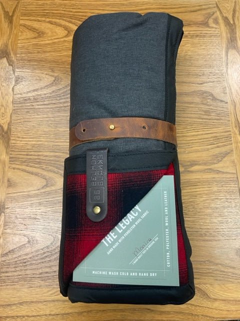 The Legacy Blanket Deep Charcoal Grey with Black Trim and Red and Black Tartan Pendleton Wool - Belmont Blanket